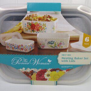 Pioneer Woman Sweet Rose Rectangle Ceramic Nesting Baker with Lid 6pc Set Floral